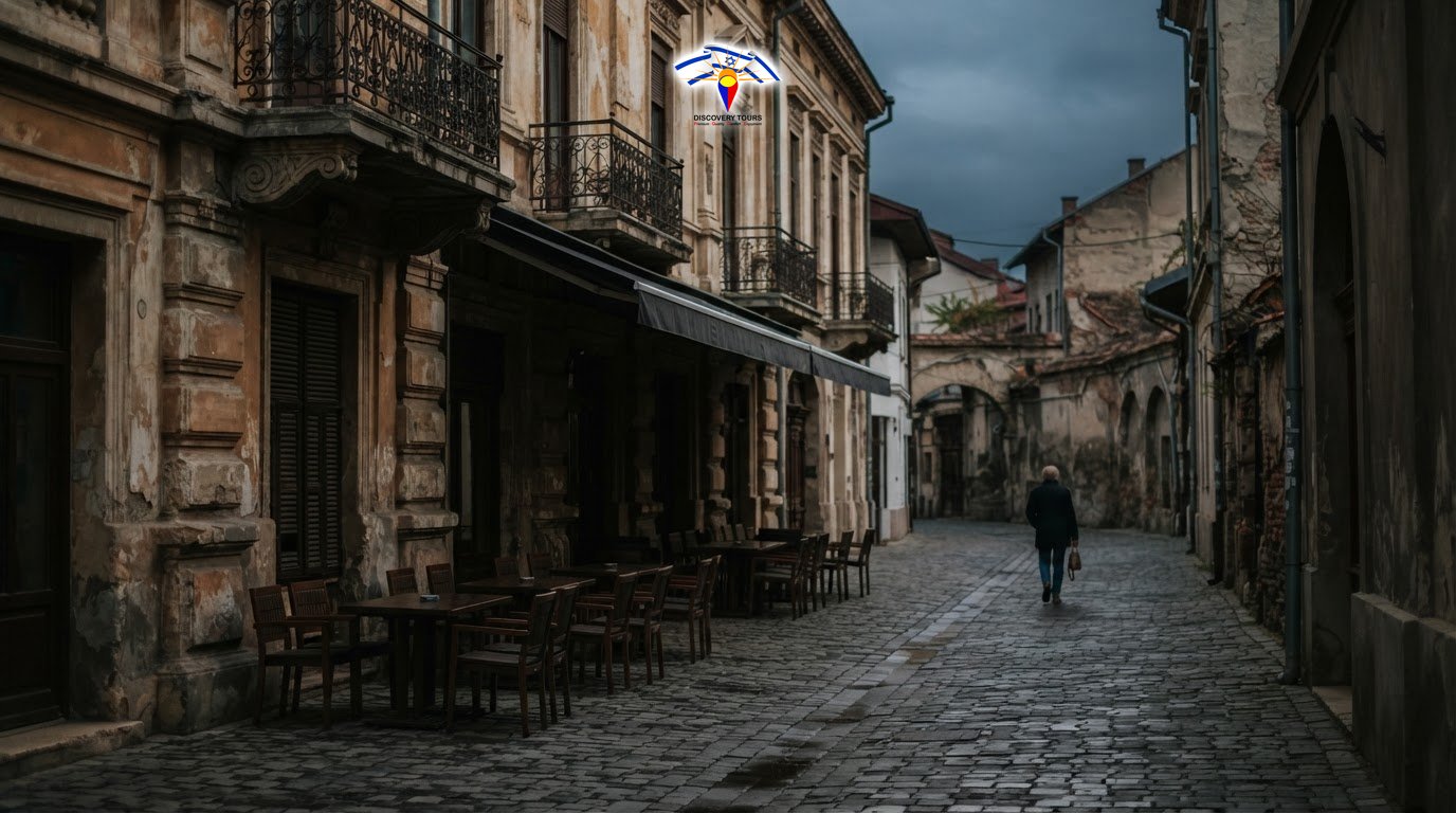 סמטה מרוצפת בעיר העתיקה של בוקרשט באור בוקר רך לצד מבנים היסטוריים
