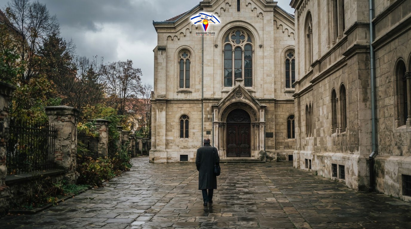 חזית המבנה ההיסטורי של בית הכנסת בבראשוב עם שביל אבן המוביל אל הדלתות
