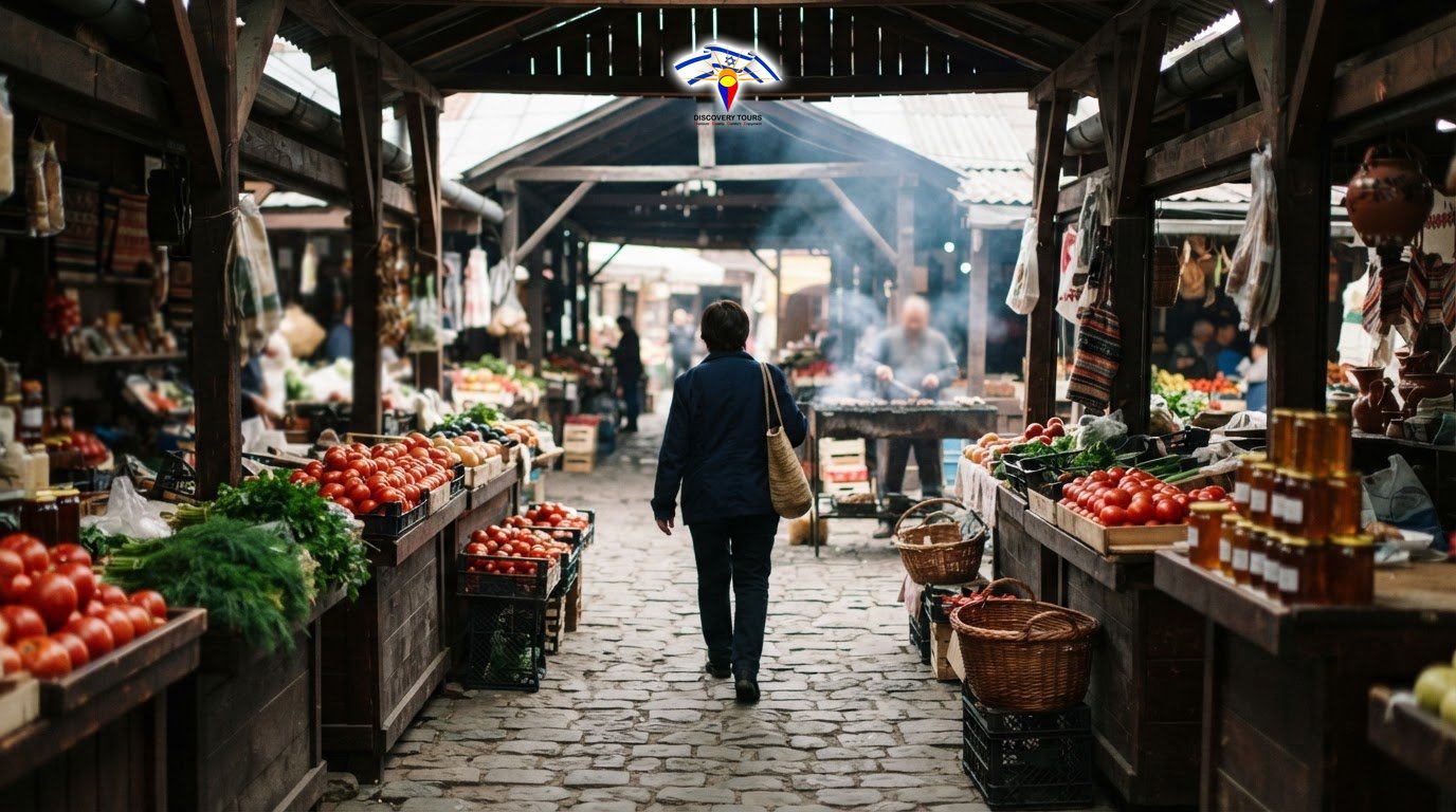דוכני ירקות טריים וגריל מעשן בשוק אותנטי בבוקרשט באור בוקר טבעי
