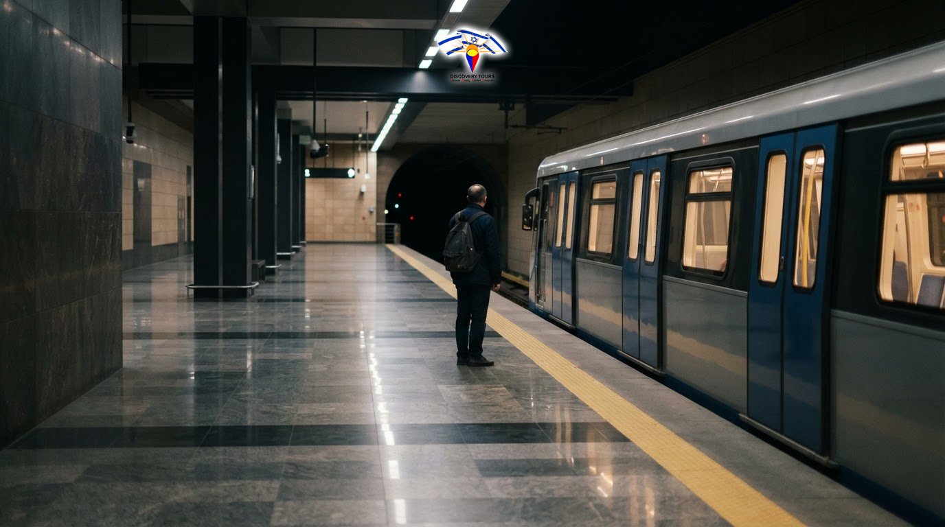 רציף רכבת תחתית מודרני ומואר בתחנה עירונית בבוקרשט עם רכבת עומדת ונוסע בודד מאחור